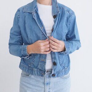 Vintage Cherokee Mid Wash Chambray Button Up Cropped Blue Jean Jacket Xl